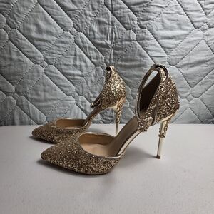 Bigtree Metallic Gold Glitter Pointed Toe Ankle Strap Stiletto Heel Pumps 
Sz 39